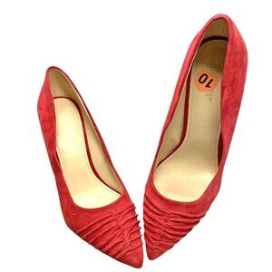 NINE WEST Harlynn Red Suede Ruche‎ Vamp Block Heel Pumps